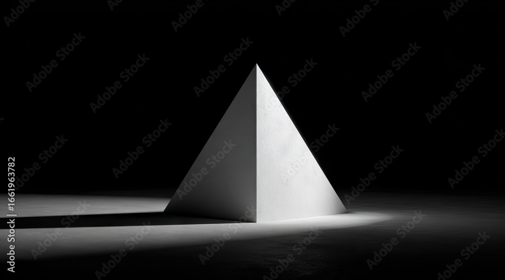Fototapeta premium A stark, high-contrast monochrome image depicts a white, geometric, quadrilateral pyramid illuminated from the front, casting a distinct shadow on a dark surface, suggesting a minimalist, 
