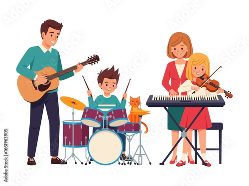 Harmony in Melody: A vibrant illustration captures a family's shared joy through music-making, with a father strumming a guitar, a son on drums.