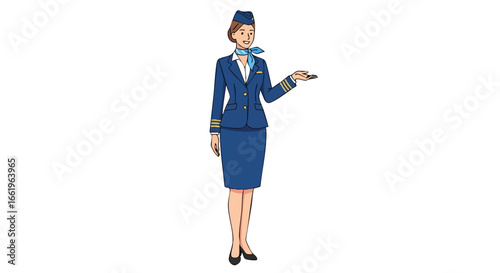 Attractive smiling air hostess gesturing isolated on white background, wearing a stylish uniform, exuding friendliness and offering assistance with