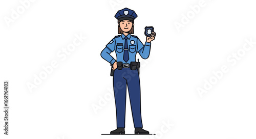 Depiction of a female police officer in uniform holding a badge stands attentively, embodying law enforcement and public safety through her poised