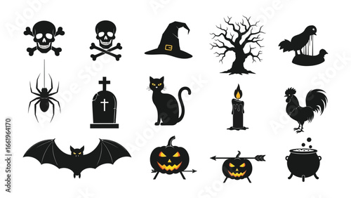 Halloween Elements: An array of symbolic silhouettes evoking the spooky spirit of Halloween, from grinning pumpkins to a black cat under a moonlit night. 