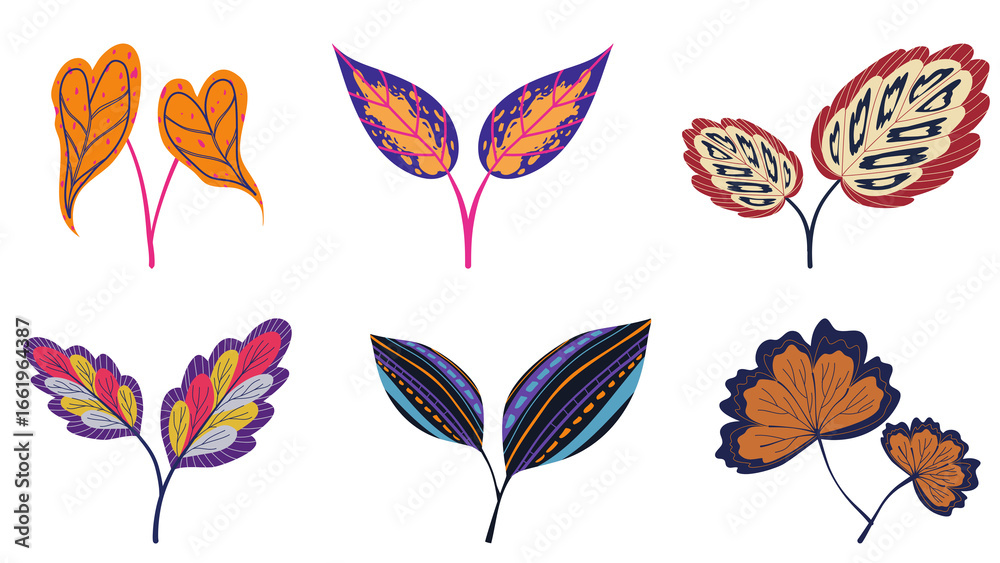 Obraz premium Colourful Designer Leaves Sticker Set | Vector Art Illustration | Tropical & Decorative Leaf Designs, Collection of colourful and designer leaves in vector sticker style. Perfect for digital art, 
