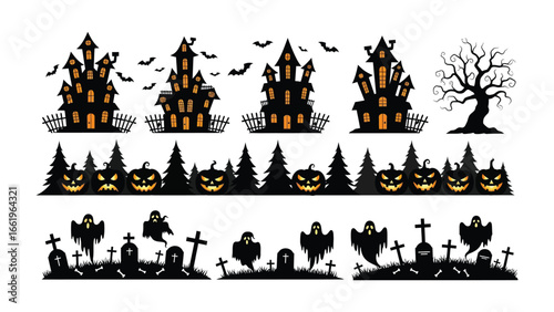 Halloween Silhouettes Collection: An eerie collection of Halloween-themed silhouettes featuring haunted houses, spooky trees, grinning jack-o'-lanterns, and ghostly apparitions.