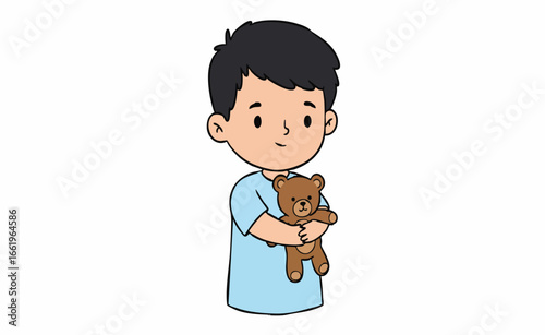 Vector Sick Boy with Teddy Bear Illustration A Heartwarming Childhood Moment