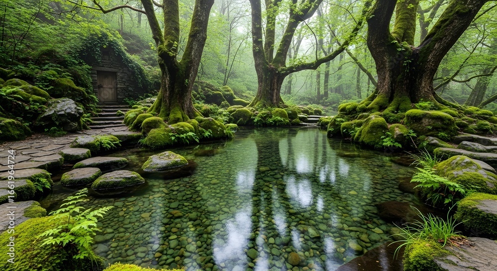 Fototapeta premium Tranquil Forest Pond A Serene Landscape with Moss-Covered Rocks and Ancient Trees