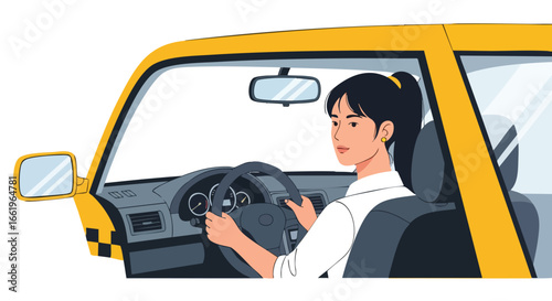 Confident Female Driver in a Yellow Taxi Cab Navigating Urban Transport Realities with Dedication