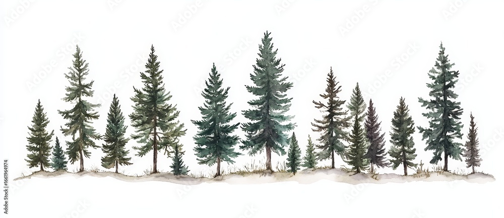 Fototapeta premium Evergreen trees including green fir pine and spruce stand isolated on a transparent background for stock use