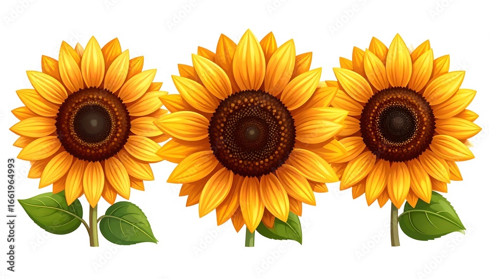 Naklejka premium Three sunflowers on white background