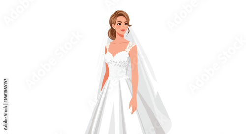 Elegant bride illustration in classic gown featuring intricate lace detailing and flowing veil against a clean white backdrop portraying timeless
