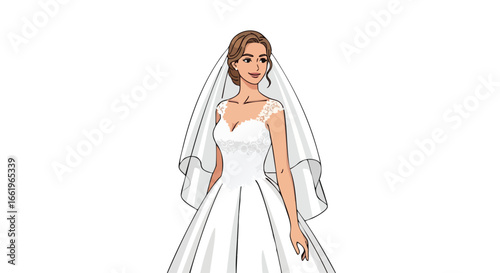 Elegantly drawn bride wearing a traditional white gown and veil isolated on white background, illustrating a classic wedding scene