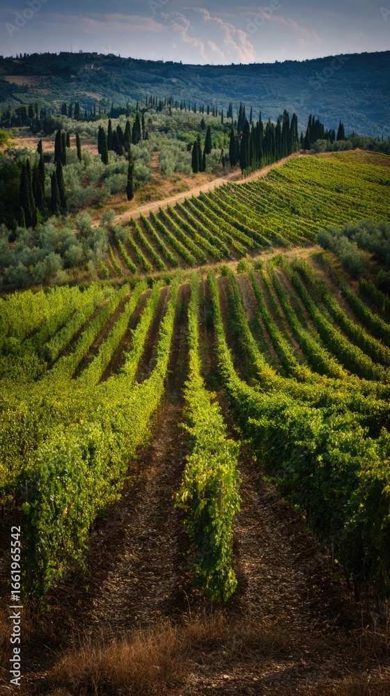 Naklejka premium Rolling Hills Vineyard with Cypress Trees