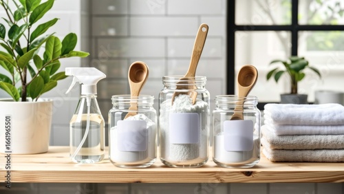 A tidy laundry room shelf featuring a home refill station: clear glass jars filled with powdered detergent and liquid soap