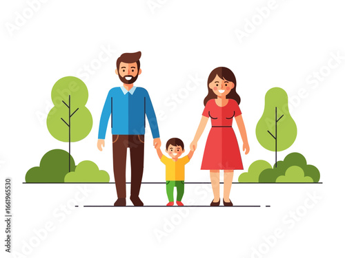 Family Walk in Park: A family strolls joyfully through a vibrant park, enjoying quality time together in a bright and cheerful scene filled with love and togetherness.