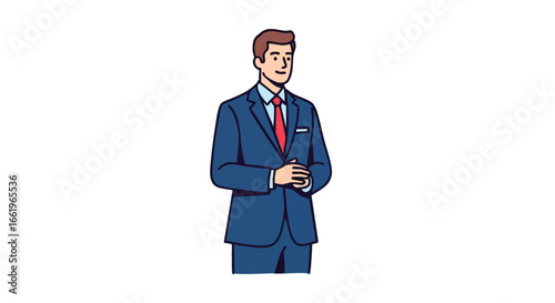 Illustration of a confident businessman standing with a determined look and clasped hands in a professional setting presenting an idea