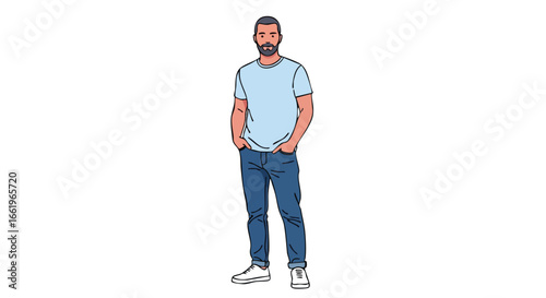 Stylish bearded man standing in relaxed pose with hands in his pockets illustration