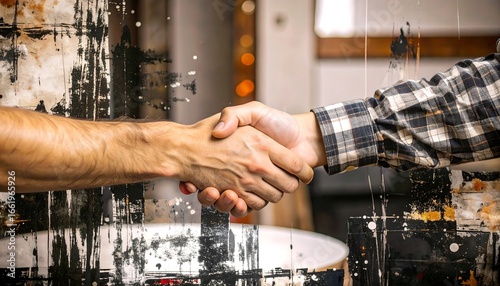 Two people shaking hands in a workshop setting.  Abstract background