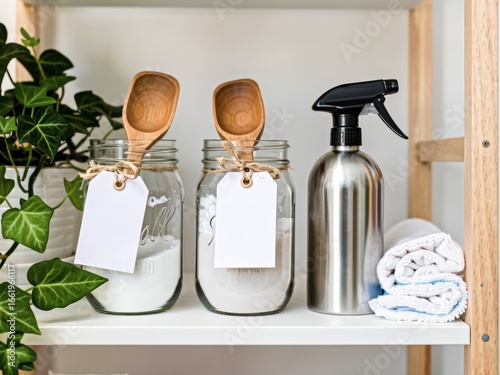 A tidy laundry room shelf featuring a home refill station: clear glass jars filled with powdered detergent and liquid soap