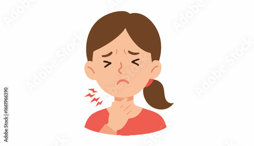 Vector Woman Experiencing Sore Throat, Depicting Pain and Discomfort with Hand on Neck