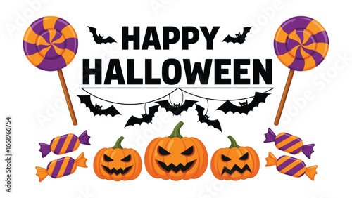 Spooky Halloween: A vibrant design captures the spirit of Halloween, featuring smiling jack-o'-lanterns, playful bats, and tempting sweets, perfectly celebrating the festive holiday season.