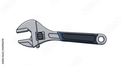 Illustration of an adjustable wrench with a gray head and black handle on a white backdrop providing clear depiction for repair or mechanical themed
