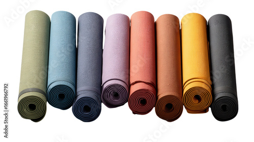 High-End Yoga Mats: A flat lay of high-end yoga mats in various colors, isolated on a Transparent background, PNG file.
