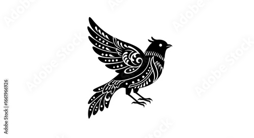 Intricate black bird silhouette with ornate patterns on white background