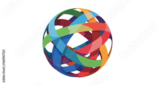 Abstract spherical design featuring a vibrant array of interwoven colorful ribbons expressing global connectivity and digital interconnection
