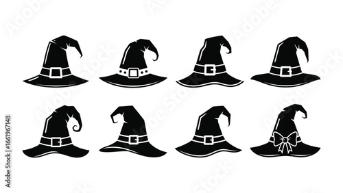 Witch Hat Silhouette Set: A collection of eight black witch hat silhouettes, perfect for Halloween decor and craft projects. Showcasing the iconic shape with a buckle, a bow, and varying brim styles.