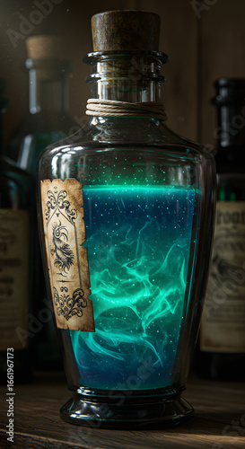 Magical potion bottles with glowing liquid and old labels