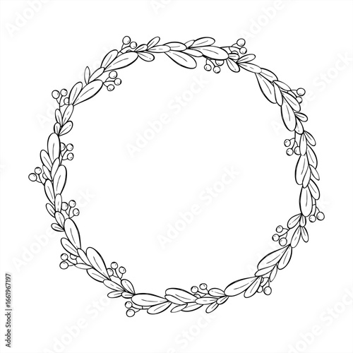 Evergreen berry branch vector monochrome isolated wreath painted by black inks. Simple leaves with berries round border with blank space for text. For Christmas, wedding invitation, winter decoration