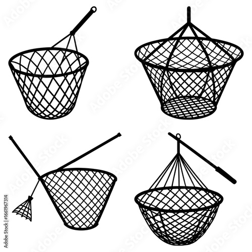 Illustration showing four different fishing nets with varying designs and handle orientations on white background