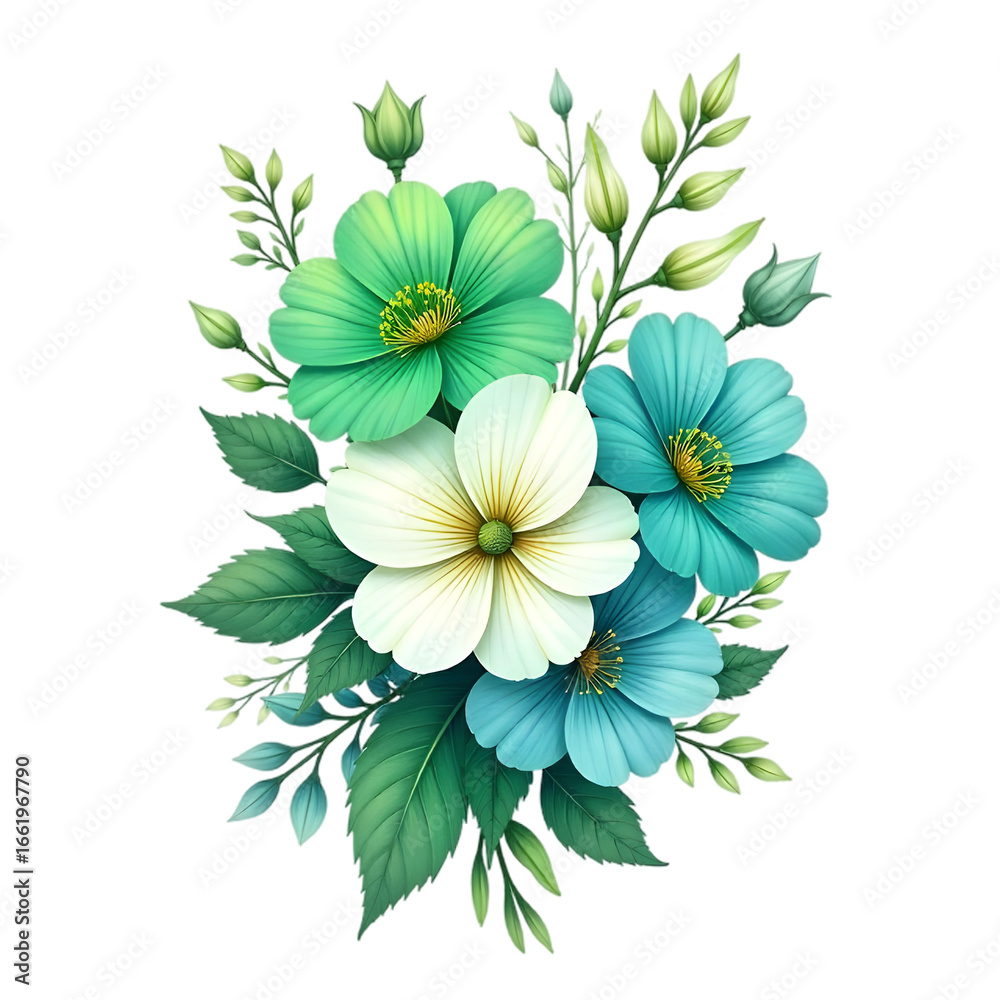 Obraz premium Elegant Teal, White, and Green Floral Bouquet; Soft, Dreamy, Illustrated Style.