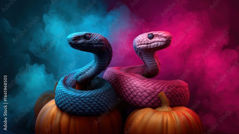 Fototapeta premium Halloween Exotic Animals Concept. Two colorful snakes on pumpkins with a vibrant background.
