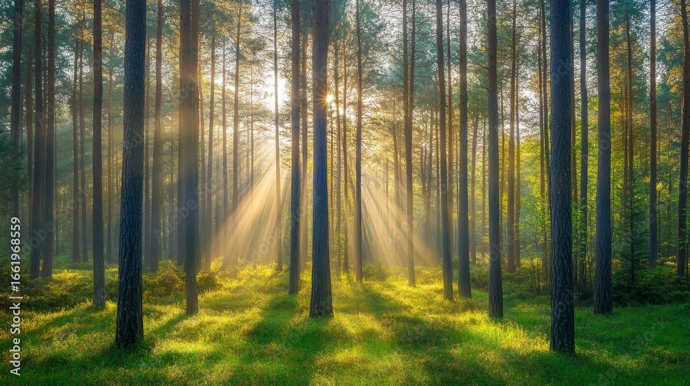 Obraz premium A peaceful forest glade filled with speckled sunlight and surrounded by lofty pine trees