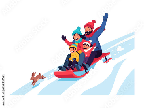 Winter Family Fun on the Sled: A family experiences the thrill of winter, joyfully sledding down a snow-covered slope. The illustration captures the exhilaration of the moment with the snow bunny.