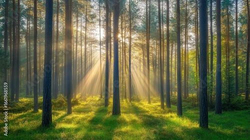 Fototapeta Naklejka Na Ścianę i Meble -  A peaceful forest glade filled with speckled sunlight and surrounded by lofty pine trees