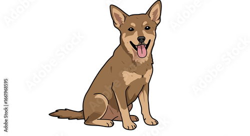 Cartoon style happy dog sitting with tongue out on white background