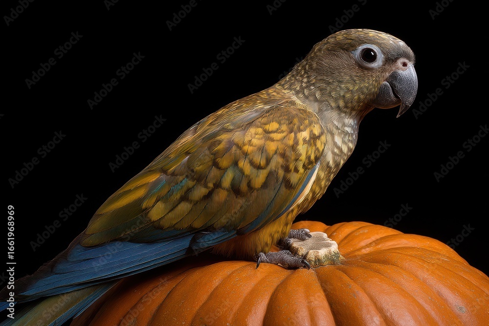 Fototapeta premium Halloween Exotic Animals Concept. Bird perched on a pumpkin with a dark background.