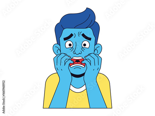Anxious Expression: A person displays intense emotional state of anxiety, fear and worry, hands clasped over a grimacing mouth. Perfect for illustrating mental health and emotional well-being.