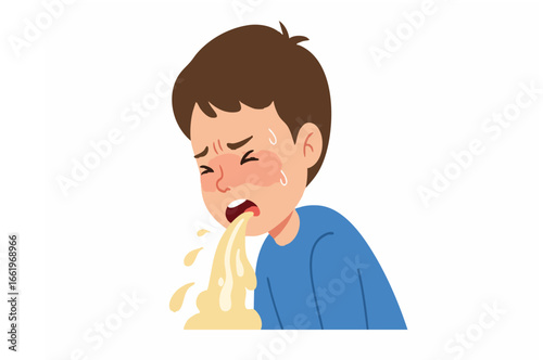 Vector Cartoon Illustration of a Sick Boy Vomiting with Emotional Distress and Physical Discomfort