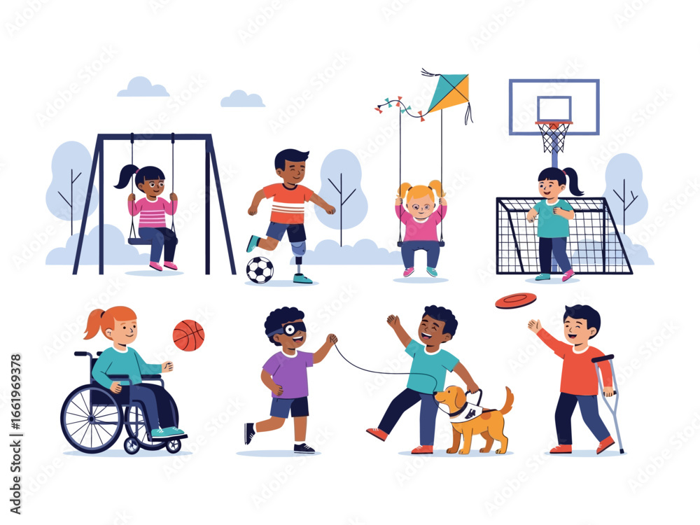 Fototapeta premium Inclusive Playground: Children of diverse backgrounds and abilities engage in playful activities, celebrating inclusivity and childhood, creating a heartwarming scene of community spirit.