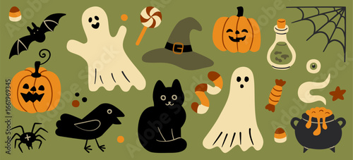 Cute flat illustration set of Halloween elements including ghosts, pumpkins, bats, black cat, spider, crow, candies, potion bottle, cauldron, witch hat, and eyeball on green background.