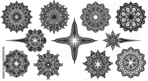 Intricate mandala collection with geometric ornamental patterns in black and white