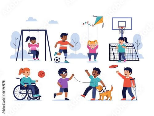 Inclusive Playground: Children of diverse backgrounds and abilities engage in playful activities, celebrating inclusivity and childhood, creating a heartwarming scene of community spirit.