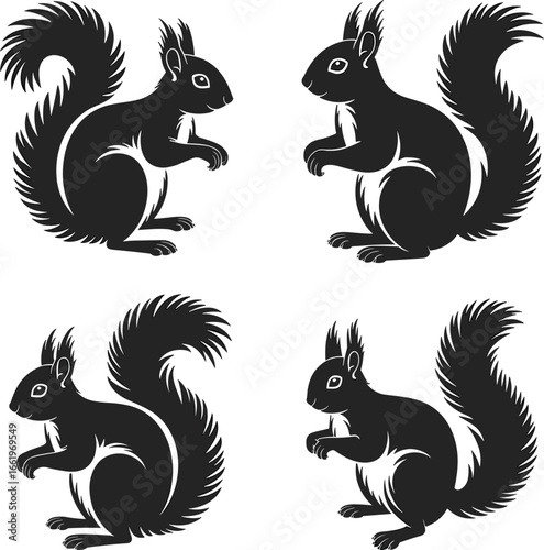 Squirrel silhouette vector set, bushy tail rodent clipart, standing animal pose collection, forest wildlife illustration, black graphic template, isolated design