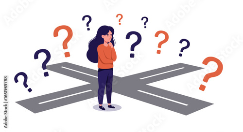 Confused woman at crossroads with question marks: decision-making concept in flat style