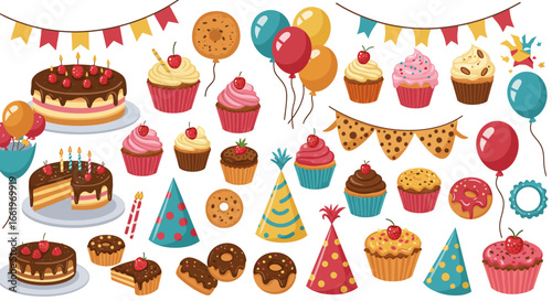 Colorful celebration with cakes, cupcakes, and party decorations in a fun cartoon style