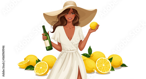 Elegant woman in white dress holding bottle and lemon with fresh citrus background