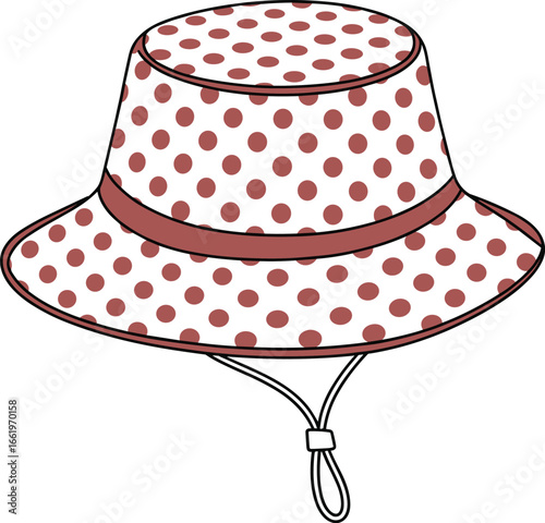 Stylish bucket hat, polka dot pattern, chin strap design, summer fashion accessory, flat vector illustration, outdoor headwear, trendy sun protection