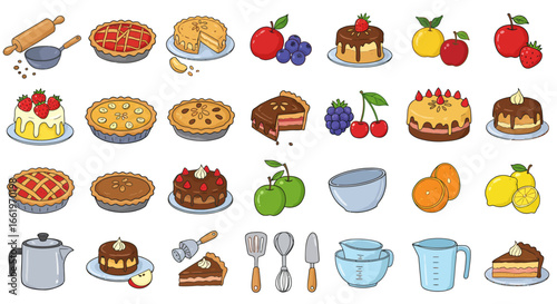 Colorful baking and fruit icons with cakes, pies, and kitchen tools